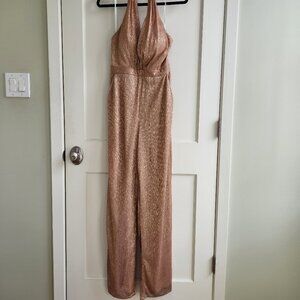 BHLDN Rose Gold Metallic Halter Jumpsuit Wide Leg Formal Wedding Guest Size 10
